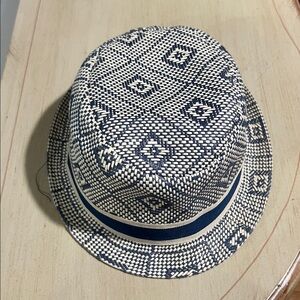 Woven Straw Fedora Hat with Navy Diamond Pattern